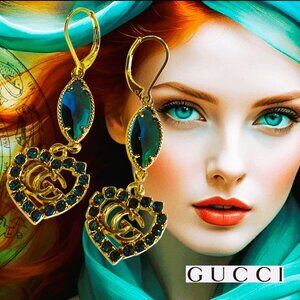 GUCCI Gorgeous Double GG Logo Heart Love Design Blue Turquoise Earrings w Box